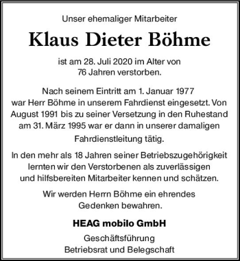 Traueranzeige von Klaus Dieter Böhme von vrm-trauer