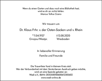 Traueranzeige von Klaus Frhr. v. der Osten-Sacken und v. Rhein von vrm-trauer