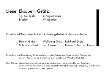 Traueranzeige von Liesel Elisabeth Grätz von vrm-trauer