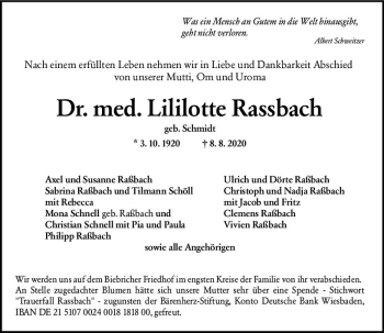 Traueranzeige von Lililotte Rassbach von vrm-trauer