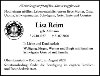 Traueranzeige von Lisa Reim von vrm-trauer