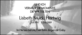 Traueranzeige von Lisbeth Hartwig von vrm-trauer