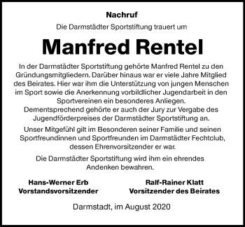 Traueranzeige von Manfred Rentel von vrm-trauer