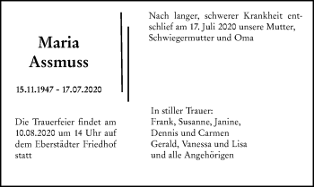 Traueranzeige von Maria Assmuss von vrm-trauer