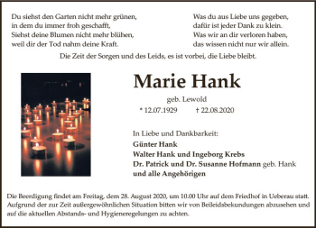 Traueranzeige von Marie Hank von vrm-trauer