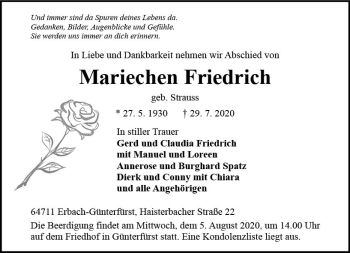 Traueranzeige von Mariechen Friedrich von vrm-trauer
