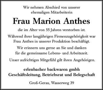 Traueranzeige von Marion Anthes von vrm-trauer