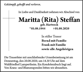 Traueranzeige von Maritta  Steffan von vrm-trauer