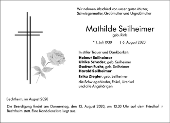 Traueranzeige von Mathilde Seilheimer von vrm-trauer