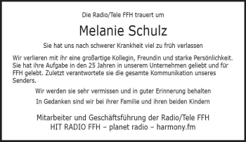 Traueranzeige von Melanie Schulz von vrm-trauer