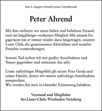 Traueranzeige von Peter Ahrend von vrm-trauer