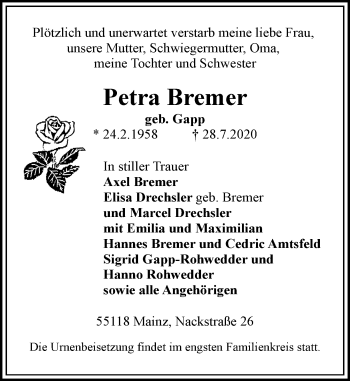 Traueranzeige von Petra Bremer von vrm-trauer
