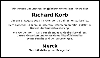 Traueranzeige von Richard Korb von vrm-trauer