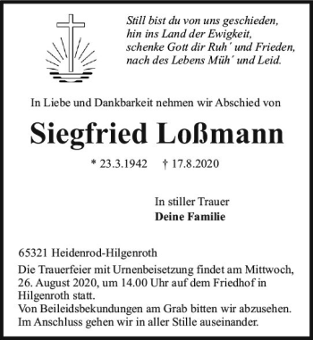 Traueranzeige von Siegfried Loßmann von vrm-trauer