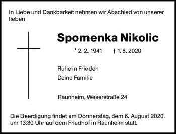 Traueranzeige von Spomenka Nikolic von vrm-trauer