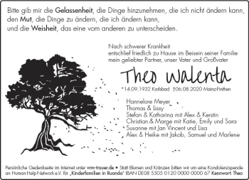 Traueranzeige von Theo Walenta von vrm-trauer