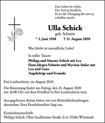 Traueranzeige von Ulla Schick von vrm-trauer