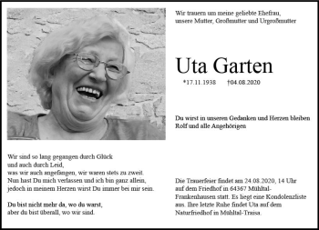Traueranzeige von Uta Garten von vrm-trauer