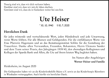 Traueranzeige von Ute Heiser von vrm-trauer