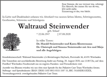 Traueranzeige von Waltraud Steinwender von vrm-trauer