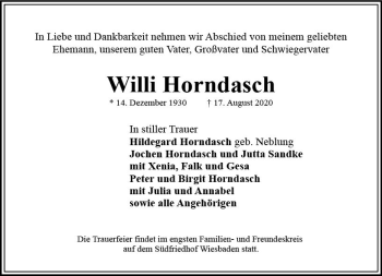 Traueranzeige von Willi Horndasch von vrm-trauer
