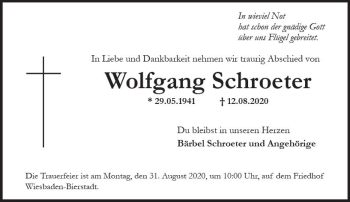 Traueranzeige von Wolfgang Schroeter von vrm-trauer