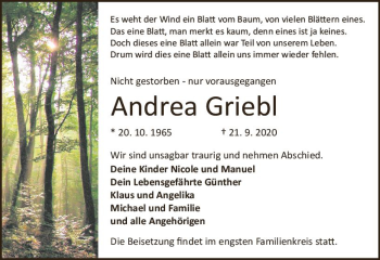 Traueranzeige von Andrea Griebl von vrm-trauer