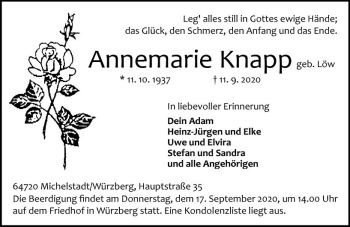 Traueranzeige von Annemarie Knapp von vrm-trauer