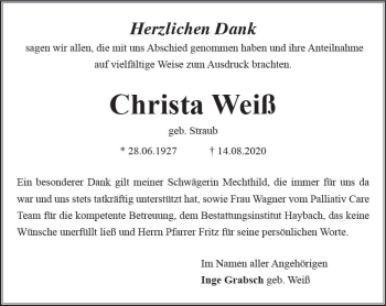 Traueranzeige von Christa Weiß von vrm-trauer