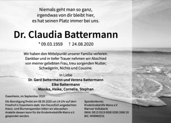 Traueranzeige von Claudia Battermann von vrm-trauer
