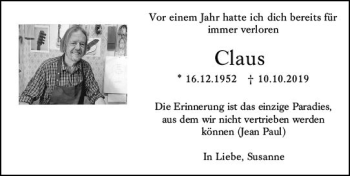 Traueranzeige von Claus Mohri von vrm-trauer