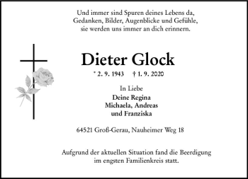 Traueranzeige von Dieter Glock von vrm-trauer