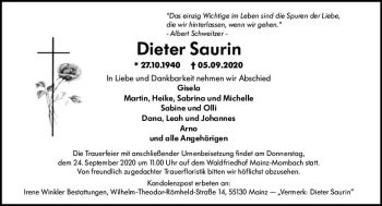 Traueranzeige von Dieter Saurin von vrm-trauer