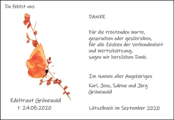 Traueranzeige von Edeltraut Grünewald von vrm-trauer
