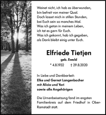Traueranzeige von Elfriede Tietjen von vrm-trauer