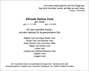 Traueranzeige von Elfriede Helene Vock von vrm-trauer