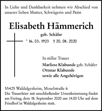 Traueranzeige von Elisabeth Hämmerich von vrm-trauer