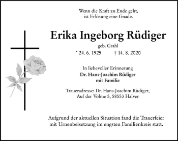 Traueranzeige von Erika Ingeborg Rüdiger von vrm-trauer