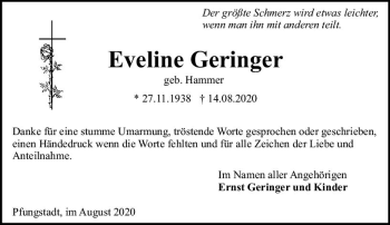 Traueranzeige von Eveline Geringer von vrm-trauer