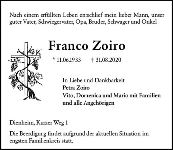 Traueranzeige von Franco Zoiro von vrm-trauer