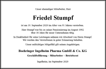 Traueranzeige von Friedel Stumpf von vrm-trauer