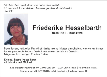 Traueranzeige von Friederike Hesselbarth von vrm-trauer