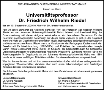 Traueranzeige von Friedrich Wilhelm Riedel von vrm-trauer