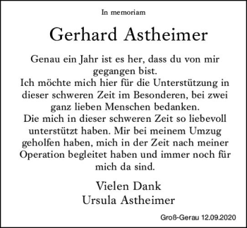 Traueranzeige von Gerhard Astheimer von vrm-trauer