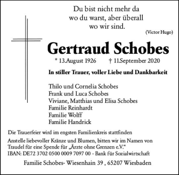 Traueranzeige von Gertraud Schobes von vrm-trauer