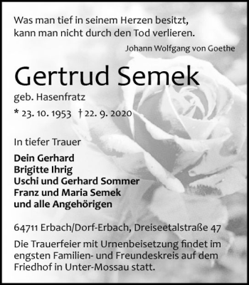 Traueranzeige von Gertrud Semek von vrm-trauer