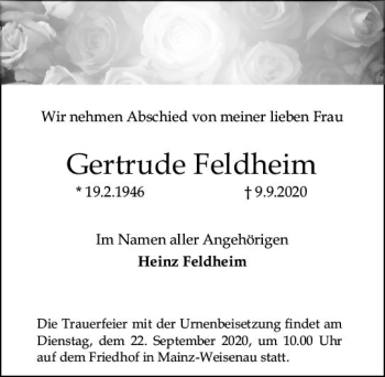 Traueranzeige von Gertrude Feldheim von vrm-trauer