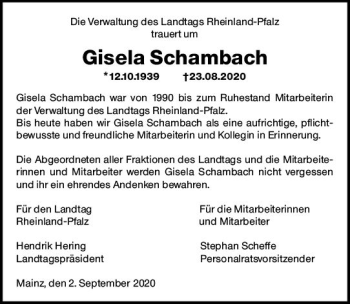 Traueranzeige von Gisela Schambach von vrm-trauer