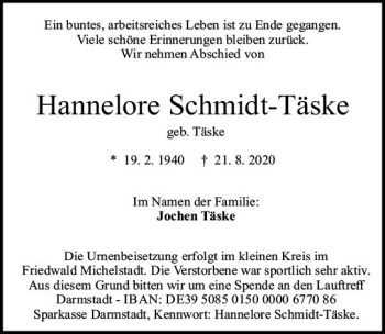 Traueranzeige von Hannelore Schmidt-Täske von vrm-trauer