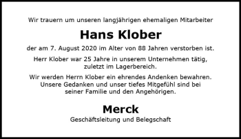 Traueranzeige von Hans Klober von vrm-trauer